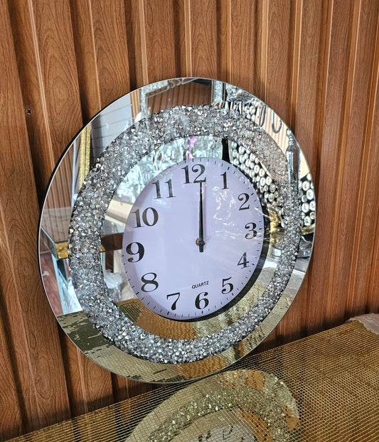 Silver Round Mirror Clock Crystal Crush Diamond Mirrored Sparkle Twinkle Bling