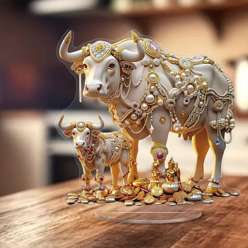 Luxurious Golden &amp; Gemstone Acrylic Cow Statue