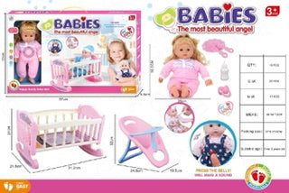 14 INCH DOLL SET WITH BED, CUTLERY,BABY BOTTLE,ETC