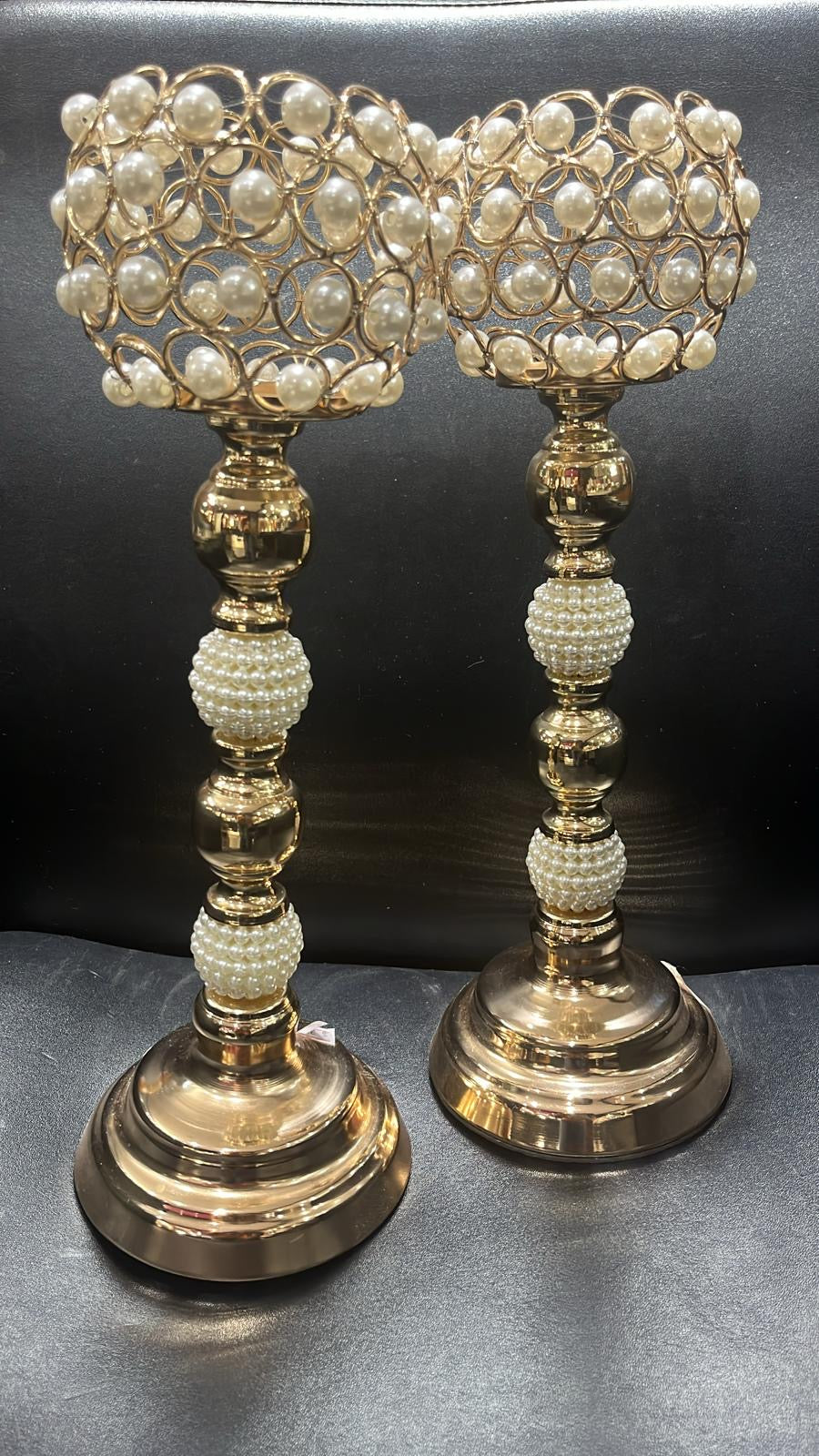 Candle Holder - Golden With Pearls