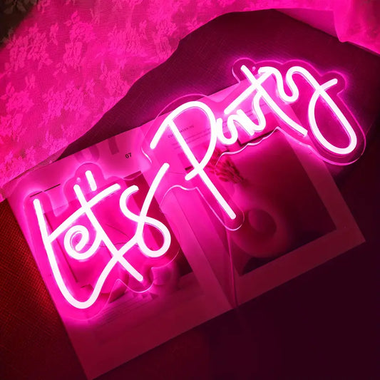 Let'S Party Led Neon Sign, 49.78*18.29 cm, Pink, Usb Powered, Wall-Mounted, Button Control, Versatile Use For Birthdays, Proms, Weddings, Engagement Parties