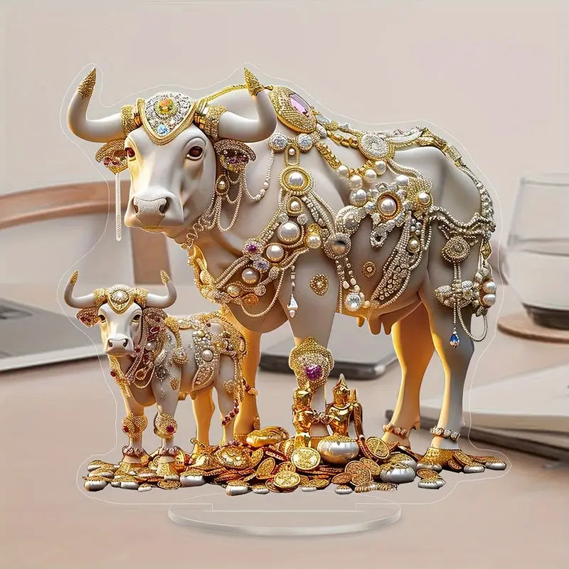 Luxurious Golden &amp; Gemstone Acrylic Cow Statue