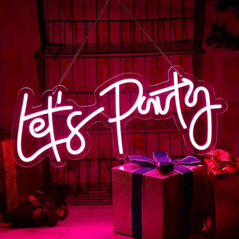 Let'S Party Led Neon Sign, 49.78*18.29 cm, Pink, Usb Powered, Wall-Mounted, Button Control, Versatile Use For Birthdays, Proms, Weddings, Engagement Parties