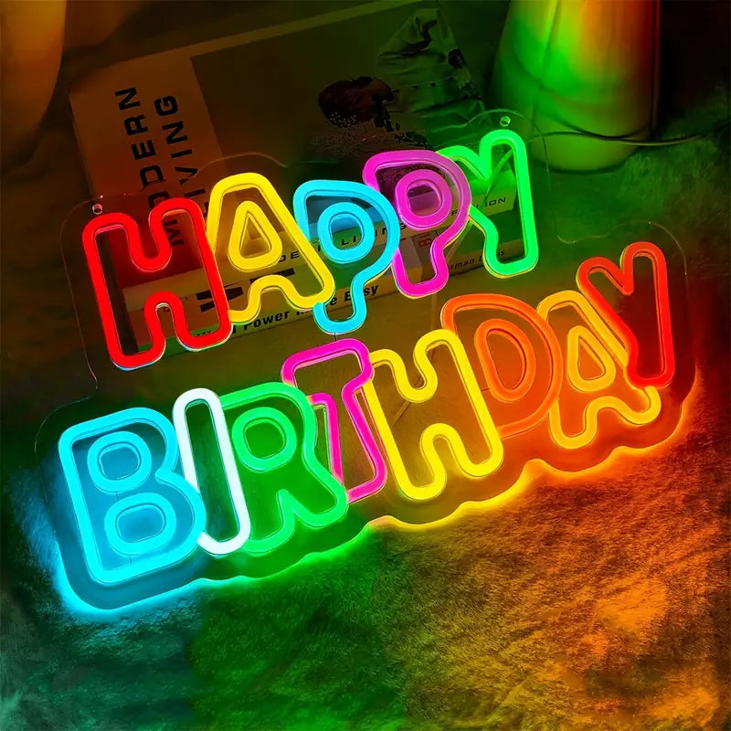 Happy Birthday Neon Sign - Plastic Wall Hanging, Switch Control, Multipurpose USB Powered Decorative Light with Non-Changeable Color Mode